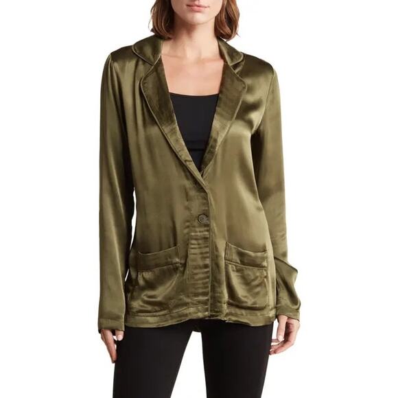 Elie Tahari NWT Olive Green Satin Button Front Relaxed Fit Jacket Blazer - Picture 1 of 11